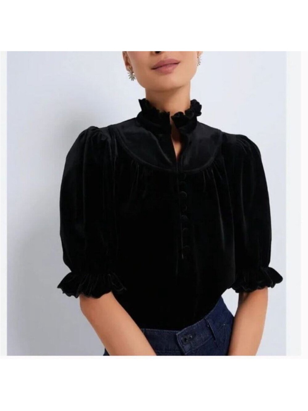 Pomander Place Black Velvet Ruffled High-Neck Blouse